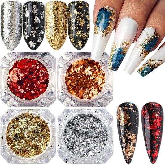 Holographic Glitter Nail Foil Flakes 3D Sparkly Aluminum Foil Sequins Nail Art Supplies Rose Gold Red Silver Glitter Foils Flake Mirror Powder Nail Designs for Acrylic Nail Art Decoration (4Boxes)-Velvo Beauty