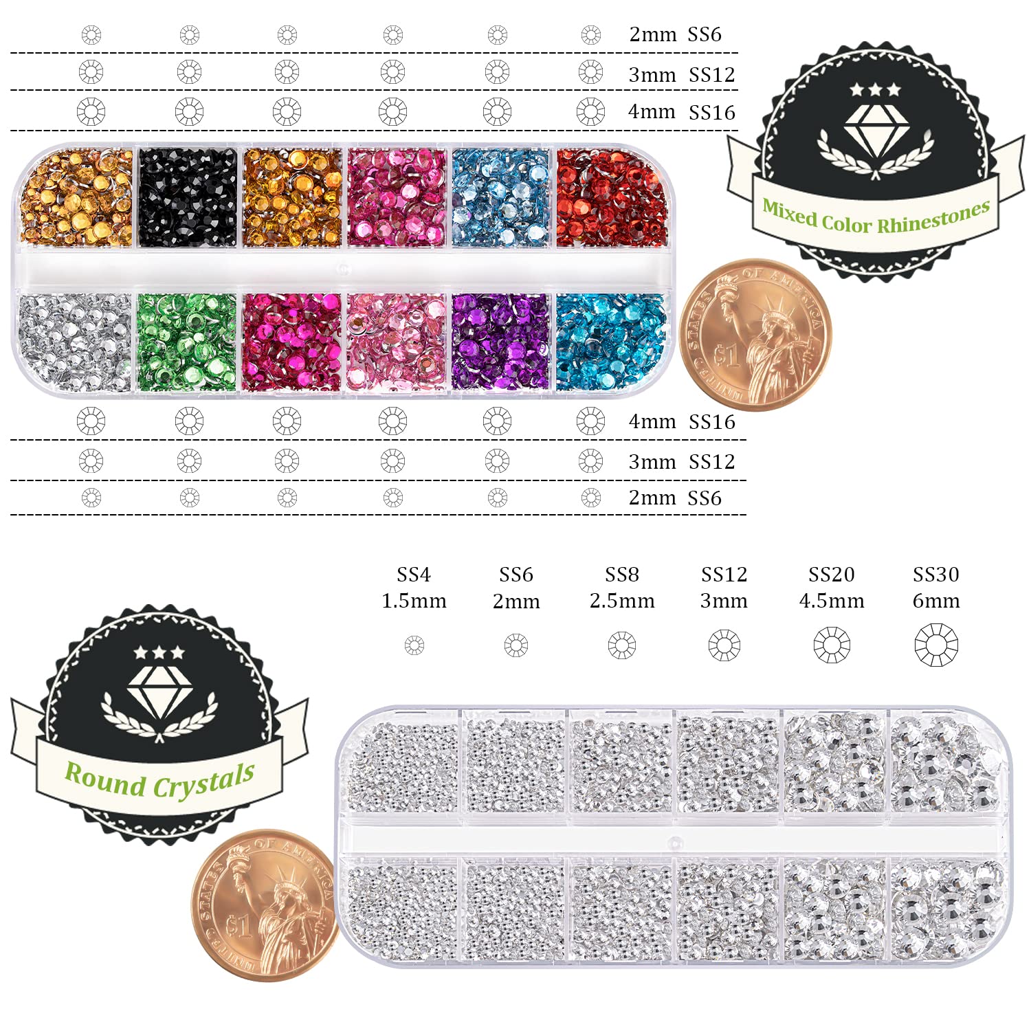 Two Packs of Flatback Rhinestones 4520 Pcs Colorful Nail Art Rhinestones Flatback Crystal Colorful+Transparent White Rhinestone with Picker Pencil and Tweezer for Nail Art and Decoration-Velvo Beauty