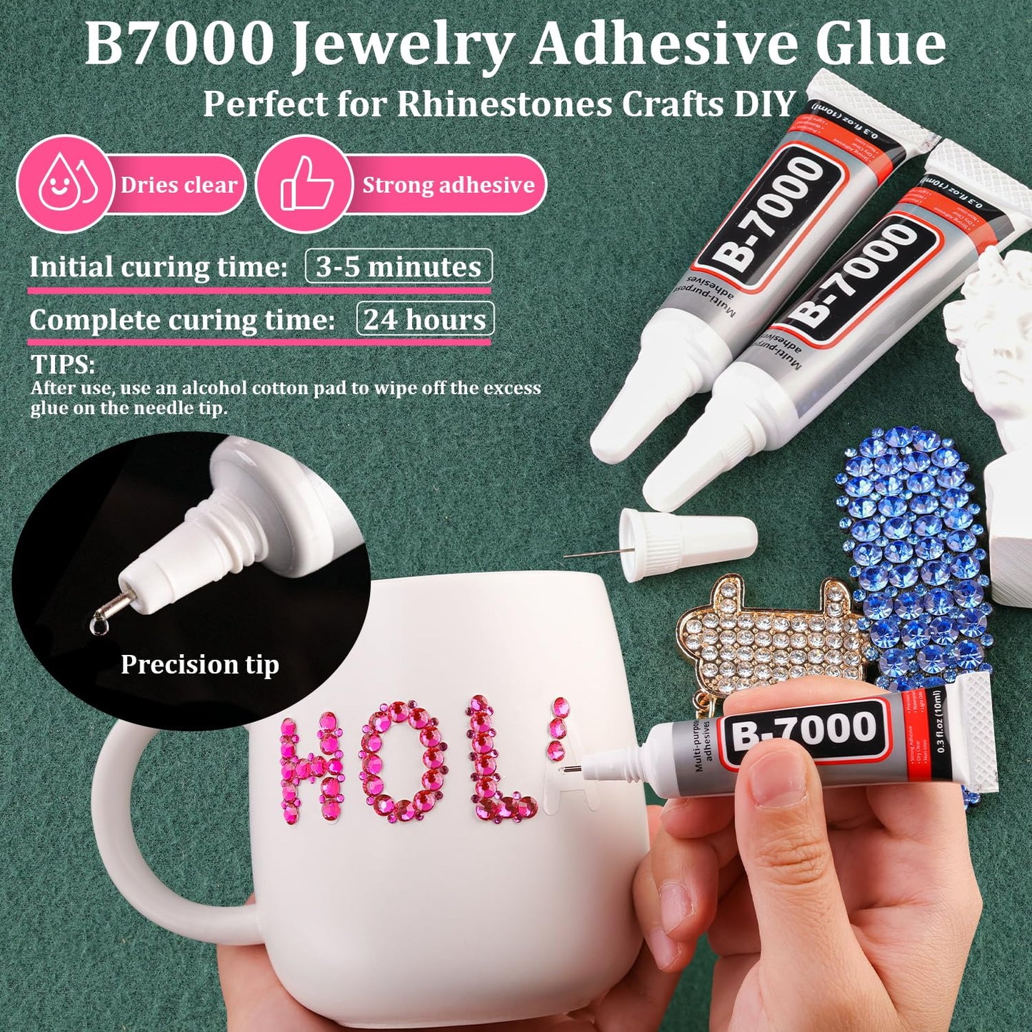Resin Rhinestones for Crafting with B7000 Jewelry Glue, 2 Boxes Hot Pink Flatback Crystals with 3Pcs 10ml Glue for Bedazzling Crafts DIY Nail Art Makeup，Non Hotfix Gems for Clothing Shoes-Velvo Beauty