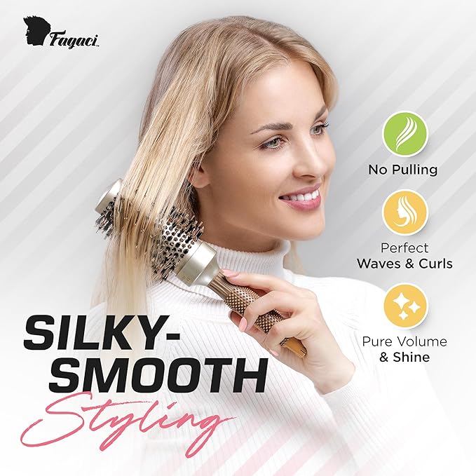 Fagaci Professional Round Brush with Natural Boar Bristle for Blow Drying, Nano Technology Ceramic + Ionic for Voluminous Healthy Hair Styling | Includes 4 Styling Clips-Velvo Beauty