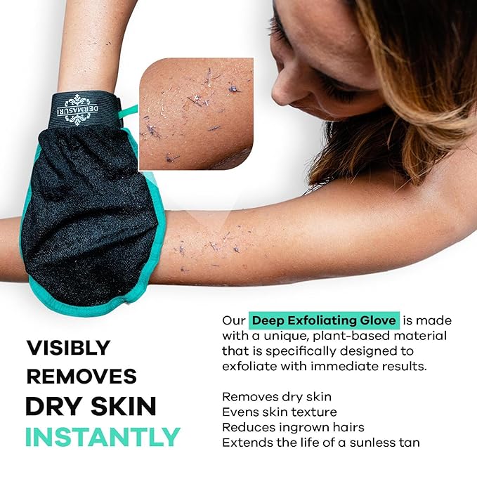 Dermasuri Deep Exfoliating Glove for Shower - Scrubbing Mitt Body Scrubber Gloves Skin Exfoliator & Eliminates Dead Skin - Keratosis Pilaris Scrub Spray Tan Remover - Korean Skincare for Body (2 Pack)-Velvo Beauty