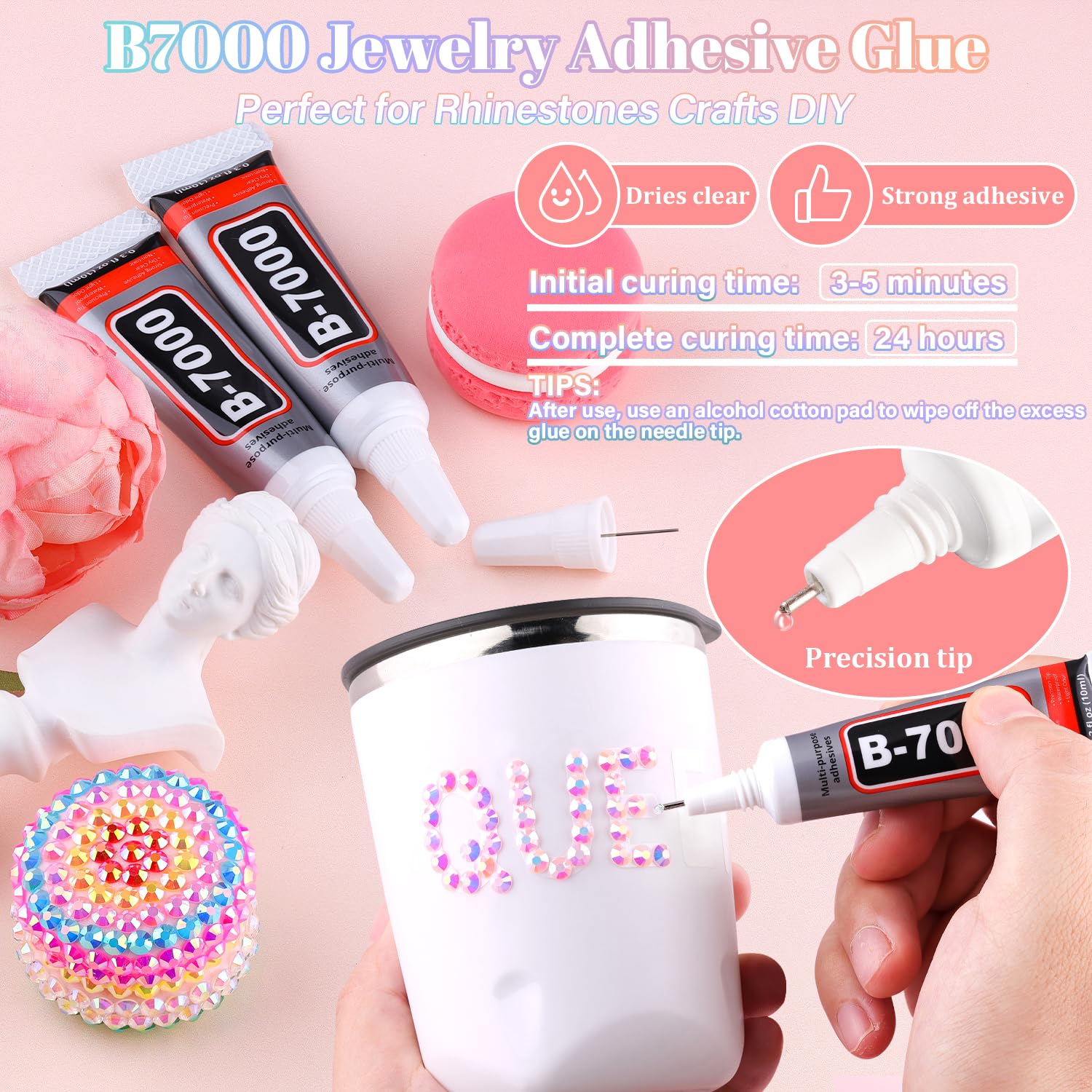 25000Pcs Resin Rhinestones with B7000 Jewelry Glue for Crafting, Light Pink AB 2-6mm Non Hotfix Flatback Gems, Bedazzling Crystal for DIY Crafts Clothing Tumblers Mugs Shoes Fabric Decor Nail Art-Velvo Beauty