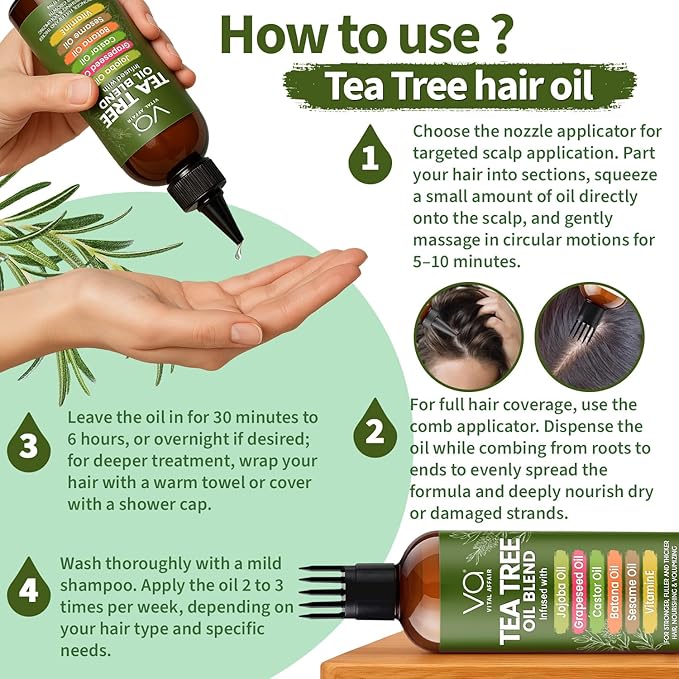 Tea Tree Oil For Hair With Jojoba, Castor, Batana Oil - Tea Tree Hair And Scalp Treatment - Hair Oil For Dandruff - Helps Strengthen, Volumize & Promotes Hair Growth - 6 Fl Oz-Velvo Beauty