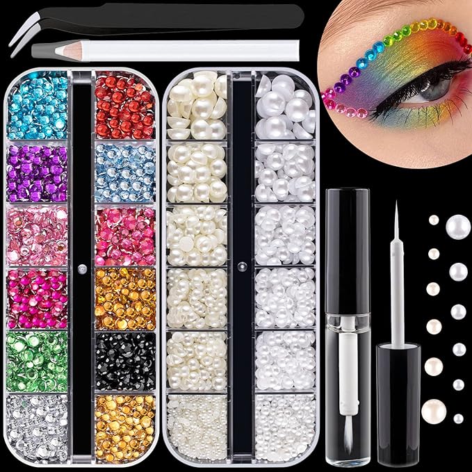 Flat Back Rhinestone+Half Round Pearl Kits Colorful Rhinestones+White&Beige Pearls With Quick Dry Makeup Glue+Picker Pencil+Tweezer For Nail Art And Face Make-up-Velvo Beauty