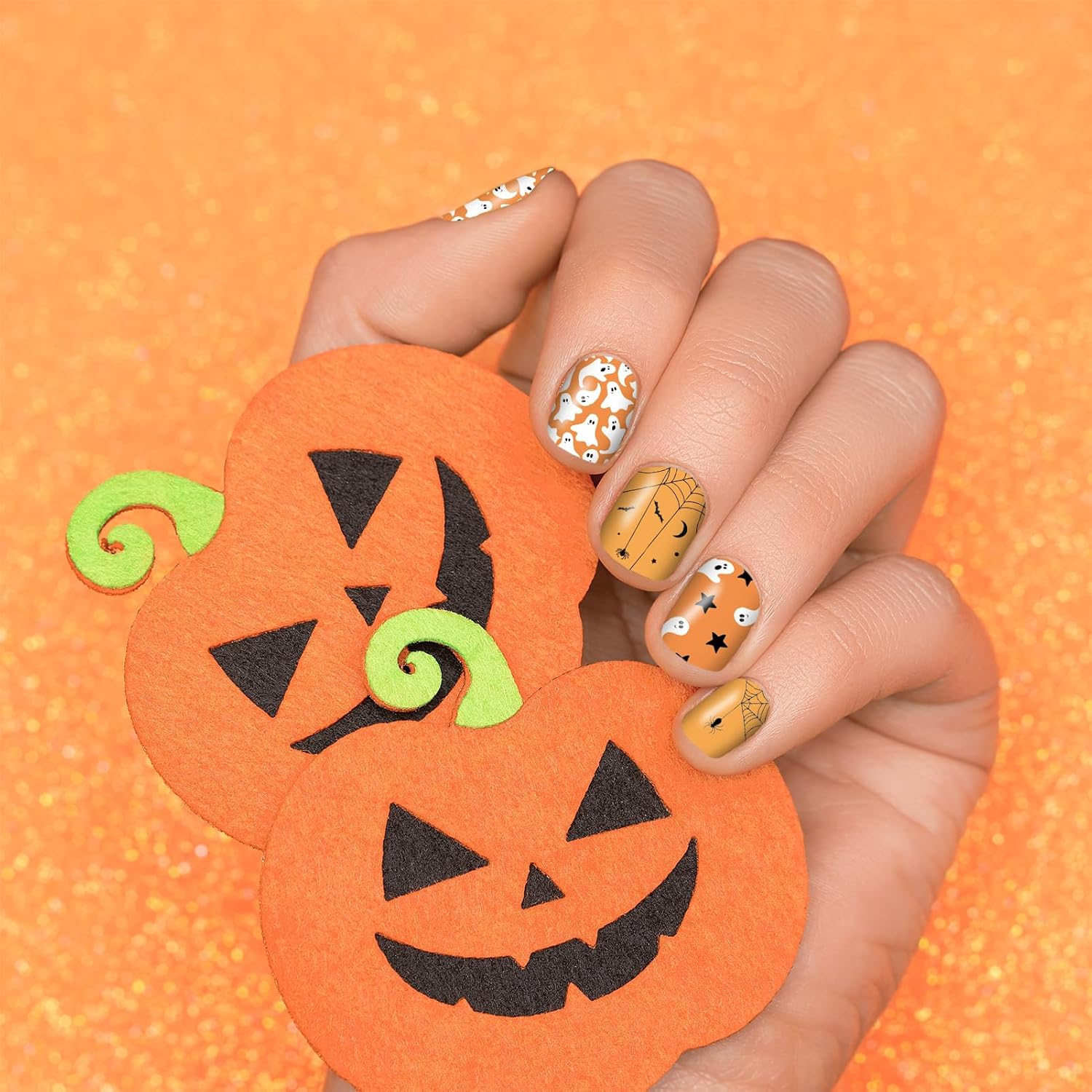 12 Sheets Halloween Nail Wraps Stickers, Nail Polish Strips DIY Self-Adhesive Full Glitter Nail Art Decals Pumpkin Bat Ghost Spider Skull Pattern with 2 Piece Nail Files for Party Decor (168 Pieces)-Velvo Beauty