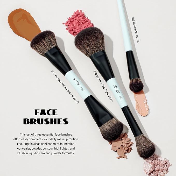 Jessup Makeup Brushes Set 10pcs, Double Sided Foundation Contour Blush Highlight Blending Eyebrow Brush Eyeshadow Eyeliner Concealer Brush, Bright Cyan Cruelty Free Cosmetic Tools T500-Velvo Beauty