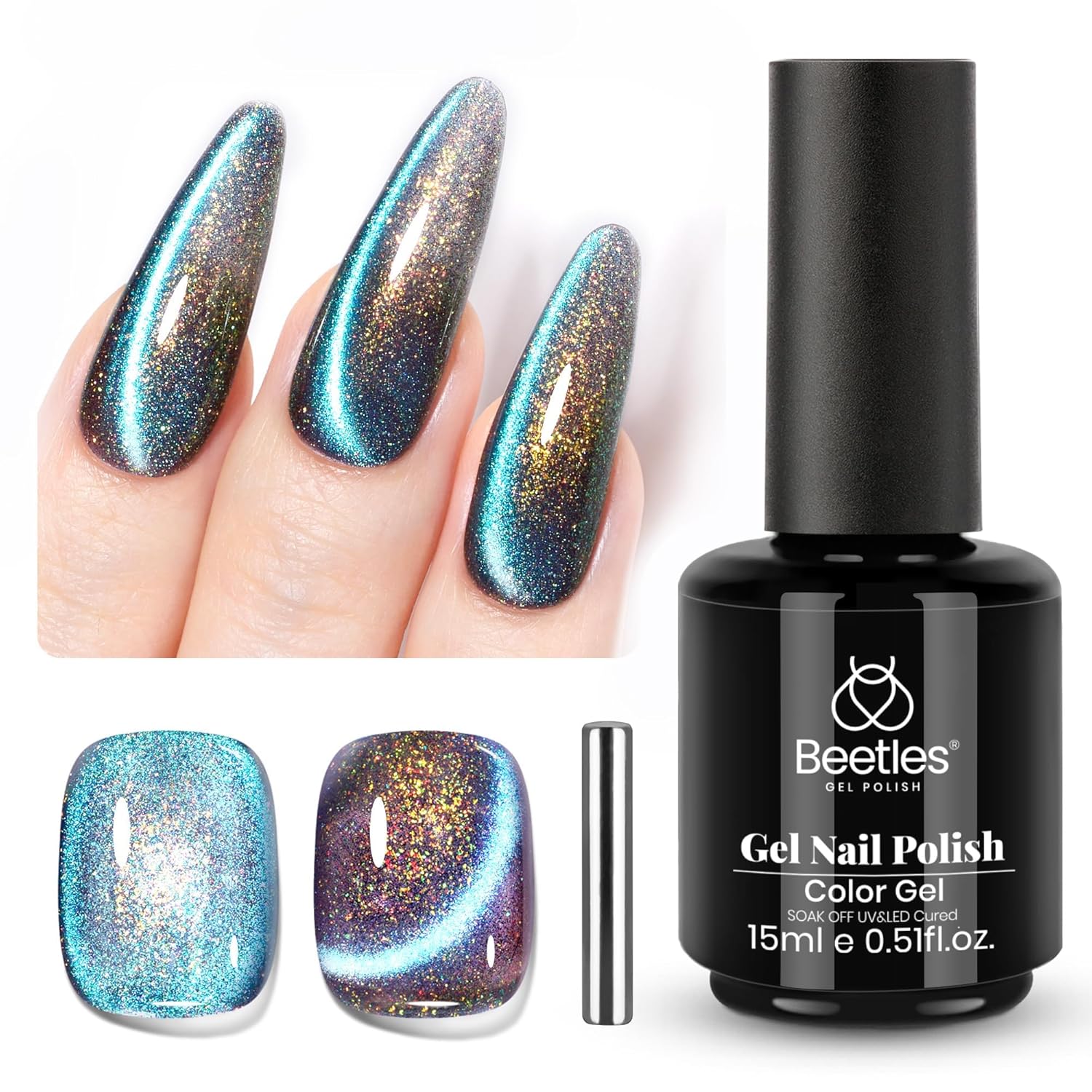 Beetles Cat Eye Gel Polish, 15ML Blue Purple Cat Eye 9D Holographic Glitter Magnetic Gel Nail Polish Rainbow Color Soak Off UV Mermaid Tears Series French Nail Art Manicure Gift for Women-Velvo Beauty