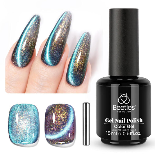 Beetles Cat Eye Gel Polish, 15ML Blue Purple Cat Eye 9D Holographic Glitter Magnetic Gel Nail Polish Rainbow Color Soak Off UV Mermaid Tears Series French Nail Art Manicure Gift for Women-Velvo Beauty