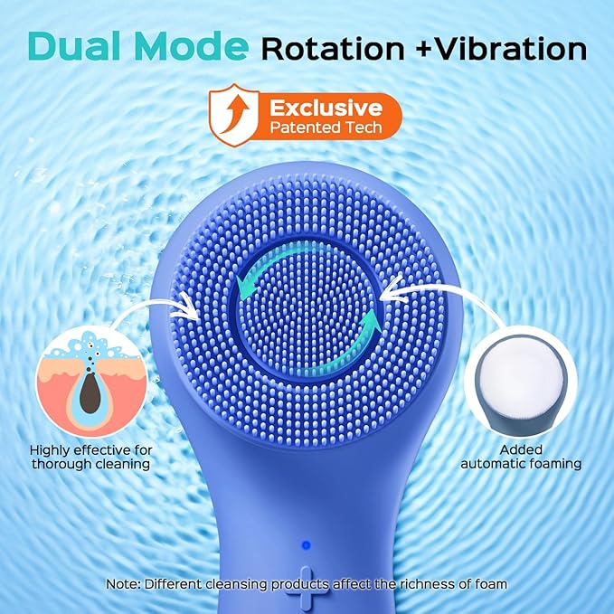 COSLUS Face Scrubber Facial Cleansing Brush: 2 in 1 Spin and Vibration Patented Tech, Silicone Electric Exfoliator Scrubber with Automatic Foaming, Waterproof Face Cleanser Brush for Men and Women-Velvo Beauty