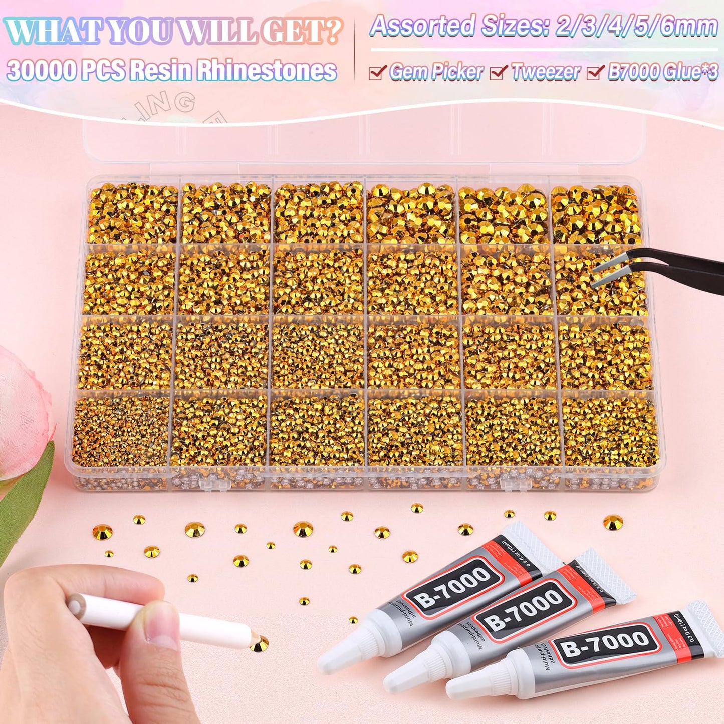 30000Pcs Resin Gold Rhinestones for Bedazzling Crafting with b7000 Jewelry Glue, Bulk Flatback Gems Bedazzler Kit for Crafts Clothes Shoes Fabric Nail Diamond Art, Assorted Size 2/3/4/5/6mm-Velvo Beauty