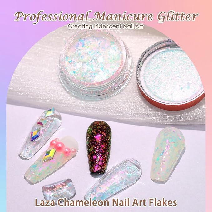 Laza Monet Garden Chameleon Flakes Nail Glitter Irregular Opal Nail Foil Flakes Chunky Confetti Color-Shift Sequins Iridescent Fairy Dust for Mermaid Nails Design, Nail Decorations for Nail Art-Velvo Beauty