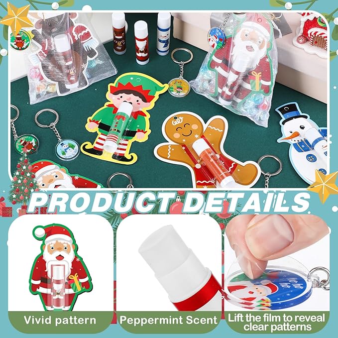 Henoyso 150 Pcs Christmas Favors 5 Styles Lip Balm Bulk Moisturizing Lip Balms Acrylic Keychains with Organza Bags for Xmas Holiday Treat Gifts Women Christmas Stocking Stuffers Party Supplies-Velvo Beauty