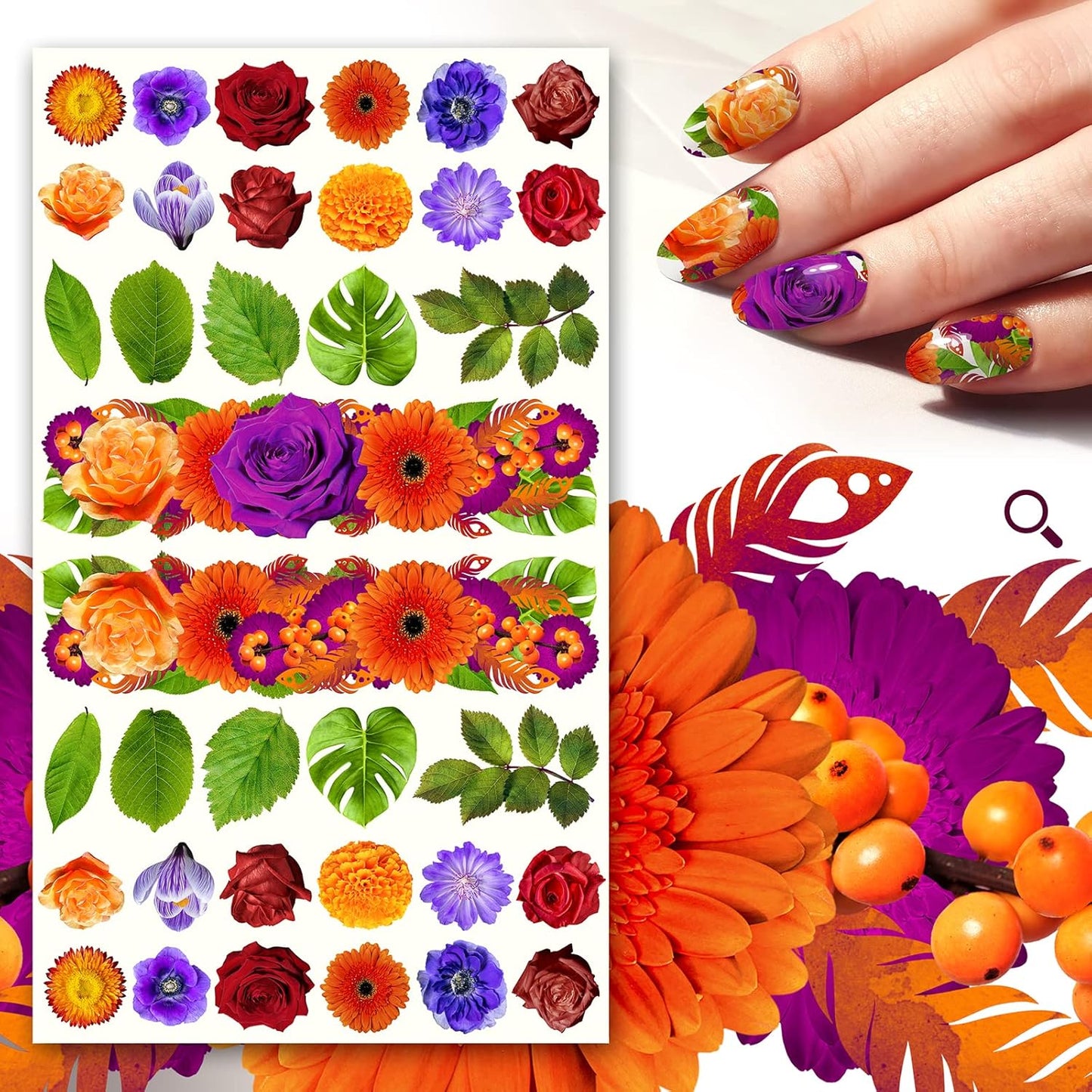 Nail Stickers Decals (5 Sheets) FLONZNAIL Beautiful Coloful Variety of Flowers and Leaves Nail Decor Transfer Vintage Styled Stickers-Velvo Beauty