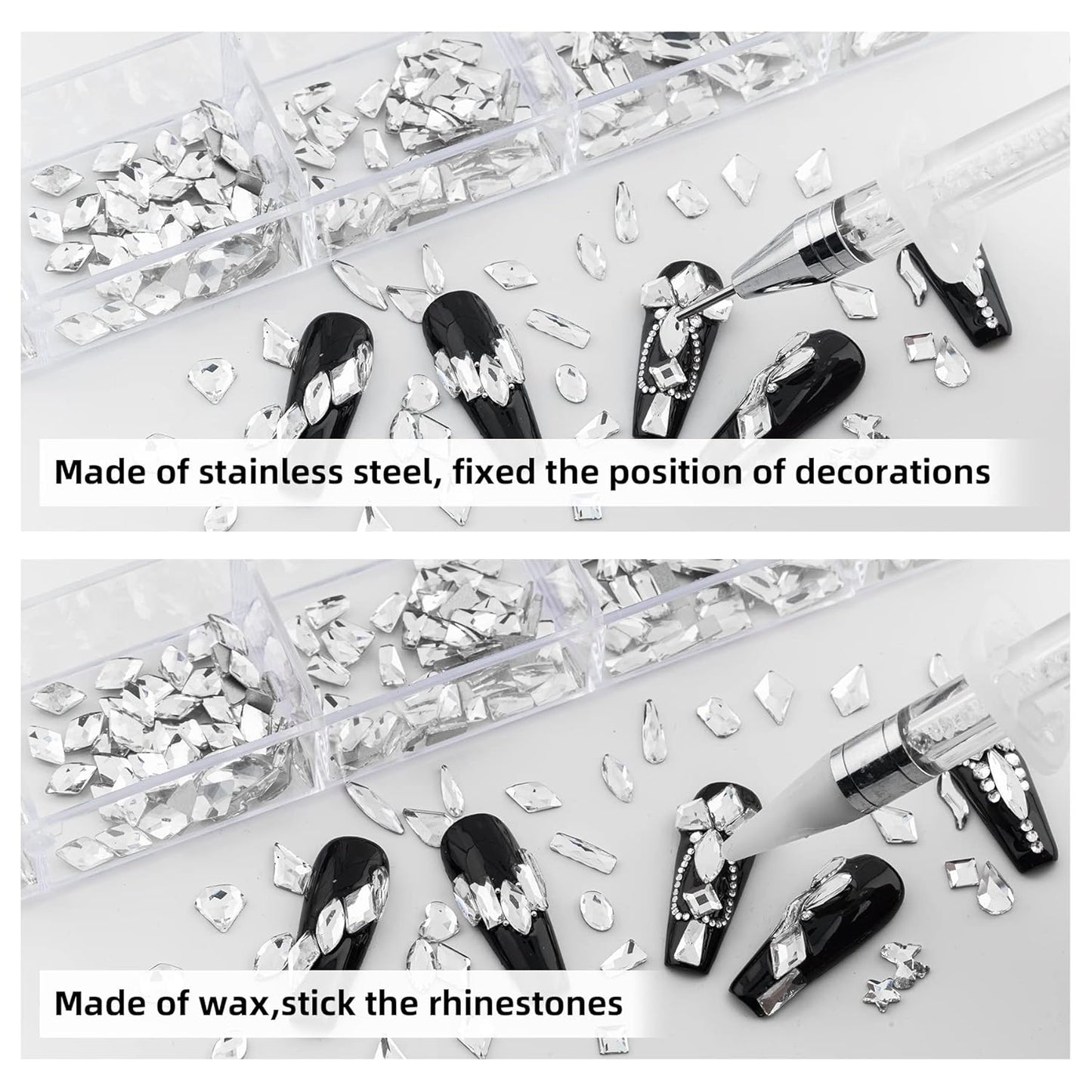 Nail Art Rhinestones, Nail Gems and Rhinestones Kit with Wax Pencil 1000 Pcs Flatback Rhinestones for Nails Decorations, Crafts, Makeup, Face, Clothes, Shoes-Velvo Beauty