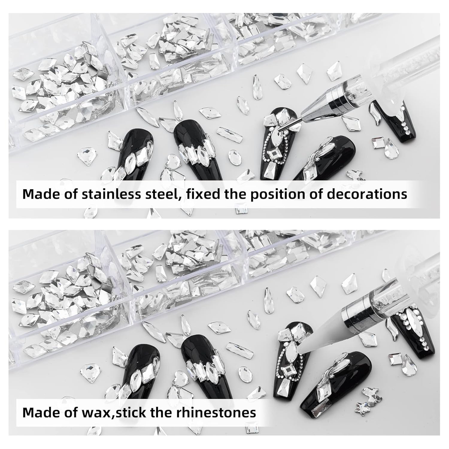 Nail Art Rhinestones, Nail Gems and Rhinestones Kit with Wax Pencil 1000 Pcs Flatback Rhinestones for Nails Decorations, Crafts, Makeup, Face, Clothes, Shoes-Velvo Beauty