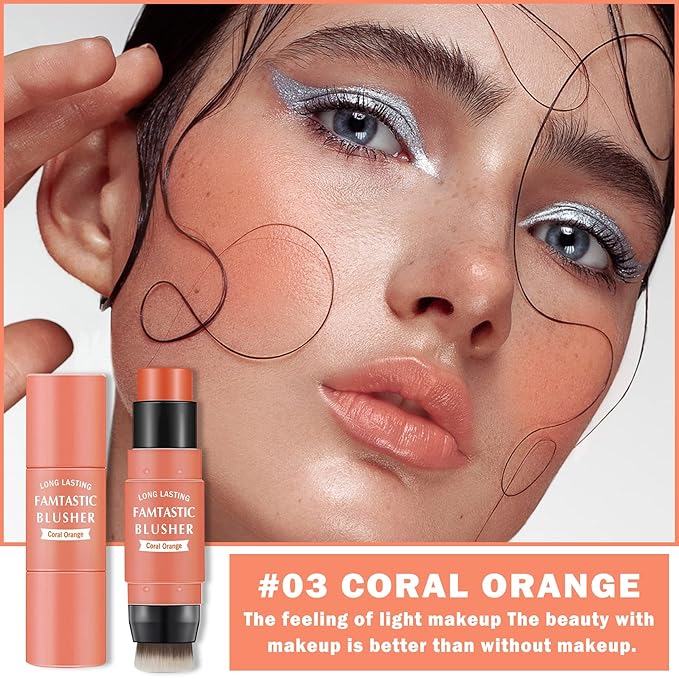 Cream Blush Stick with Brush,Waterproof Blush Makeup,Long Lasting 3 In 1 Cheek Blush & Lip Tint & Eye Shadow Makeup Stick,Easy To Use Blends Effortlessly,Cream Blush Makeup for All Skin Tones - Coral Orange-Velvo Beauty