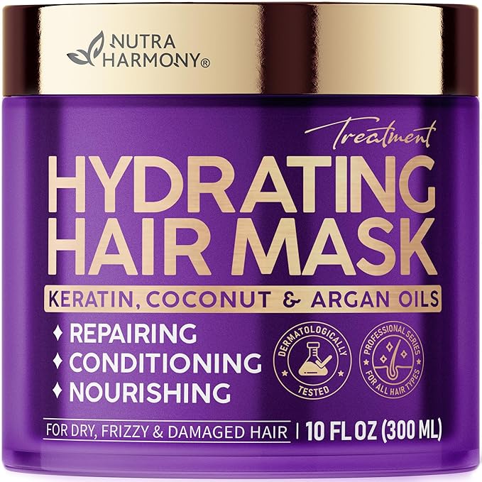 NUTRAHARMONY Hydrating Hair Mask for Dry, Frizzy & Damaged Hair – Deep Conditioning Keratin Treatment with Argan & Coconut Oils, Collagen & Biotin – Repairing, Anti-Frizz Hair Mask for Women, 10oz-Velvo Beauty