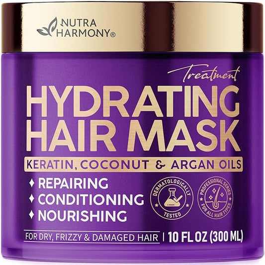 NUTRAHARMONY Hydrating Hair Mask for Dry, Frizzy & Damaged Hair – Deep Conditioning Keratin Treatment with Argan & Coconut Oils, Collagen & Biotin – Repairing, Anti-Frizz Hair Mask for Women, 10oz-Velvo Beauty