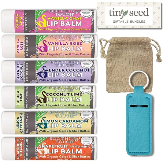 Vegan Lip Balm Set - Pack of 6 Soothing Touch Lip Balms. Plus Muslin Pouch and Lip Balm Holder Keychain (Blue): Lavender Coconut, Vanilla Chai, Vanilla Rose, Coconut Lime, Lemon Cardamom, Grapefruit-Velvo Beauty