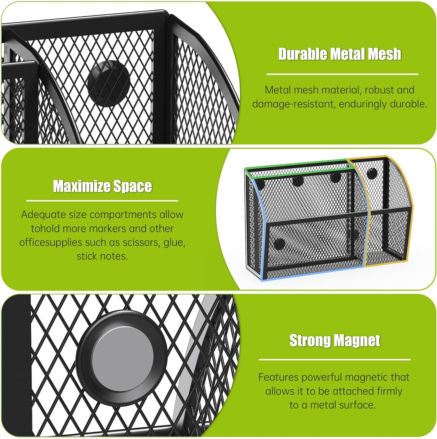 YINGHUA Strong Magnetic Pen Holder for Whiteboard and Refrigerator 3 Compartments Metal Mesh Organizer Space Saving Shelf for Office School Home and Locker - Black-Velvo Beauty