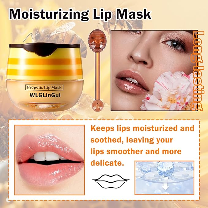 2PCS Bee Lip Balm Honey Pot,Hydrating Lip Moisturizer Cute Honey Pot Lip Balm Lip Scrubs Exfoliator with Wand,Moisturizing Exfoliating Overnight Propolis Lip Sleeping Mask for Men & Women-Velvo Beauty