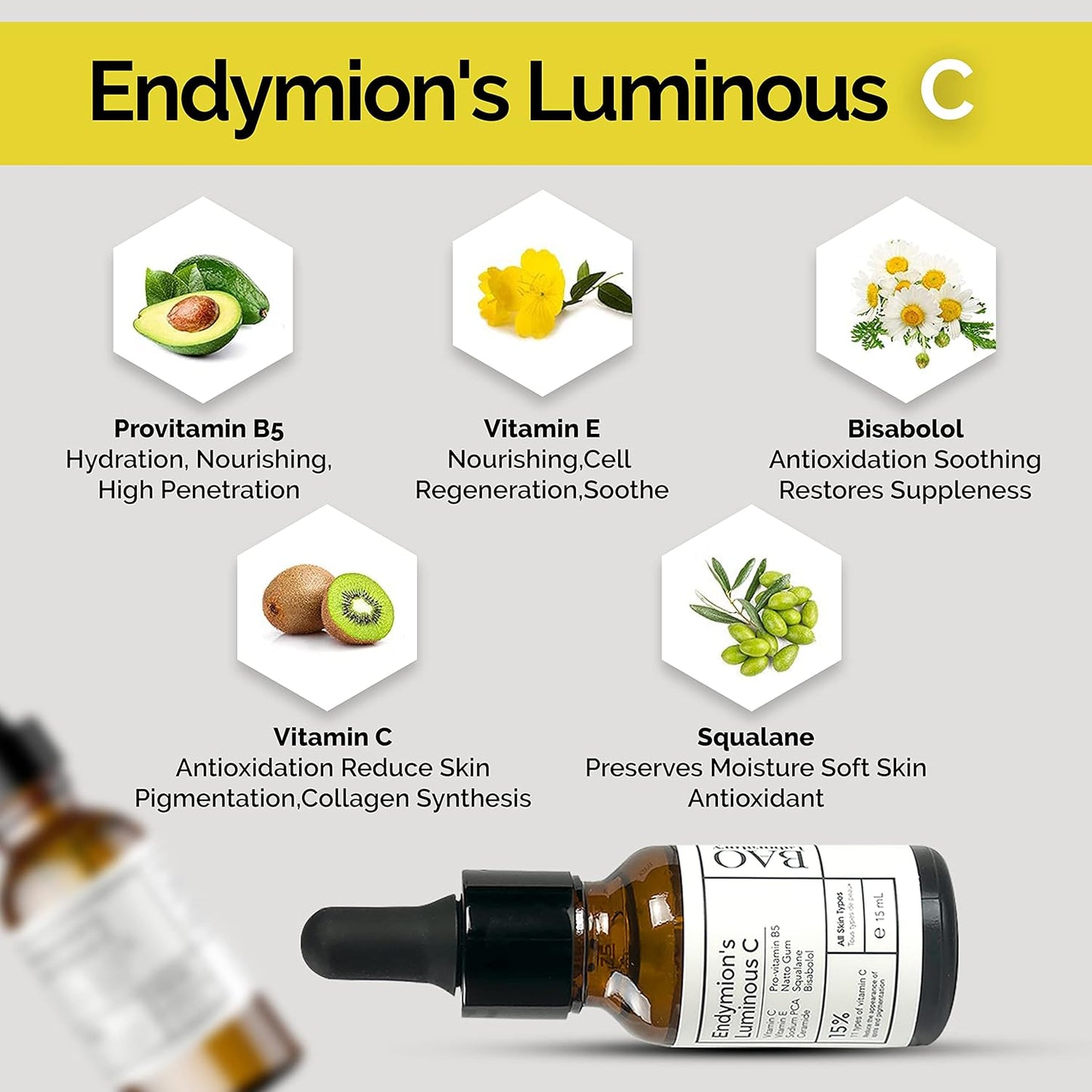 ENDYMION’S LUMINOUS C Face Serum | Bisabolol, Squalane, Vitamin C &E | Multi Vitamin Serum for Brightening, Regenerating And Refreshing Skin| For All Skin Types (15 ML)-Velvo Beauty
