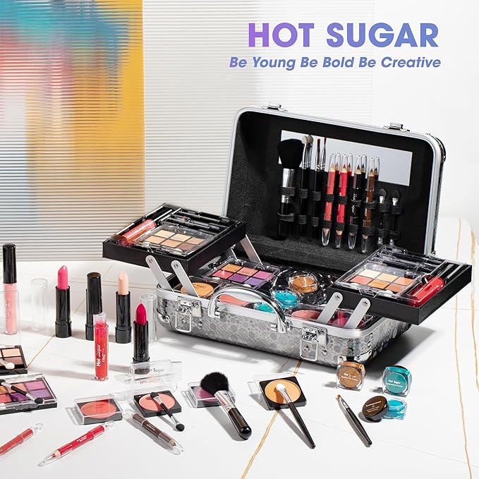 Hot Sugar Makeup Kit for Girls 10-12, Teen Girls Makeup Set for Beginners With Eye Shadow Palette, Blush, Lip Gloss, Brush, Mirror (Black Bubble)-Velvo Beauty