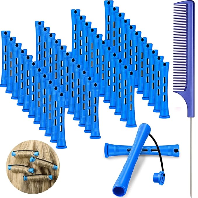 48 Pieces Hair Perm Rods Short Cold Wave Rods Plastic Perming Irons Hair Curling Rollers Curlers with Steel Pintail Comb Rat Tail Comb for Hairdressing Styling Supplies(0.35 Inch,Blue and Dark Blue)-Velvo Beauty
