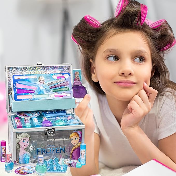 Disney Frozen Train Case Girls Beauty Set, Kids Makeup Kit for Girls, Real Washable Toy Makeup Set, Frozen Gift, Play Makeup, Pretend Play, Party Favor, Birthday, Toys Ages 3 4 5 6 7 8 9 10 11 12-Velvo Beauty