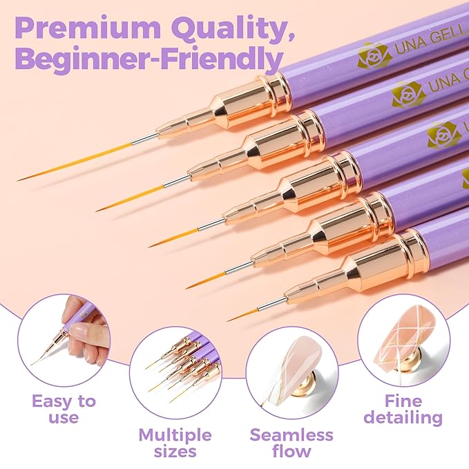UNA GELLA Nail Art Pens Metallic, Liner Brushes Set For Nail Art Gel Polish, 5Pcs Purple Color, Detail Nail Art Design Painting Brush Set For Nails Gel Fine Drawing Nail Tools, Sizes 7/9/11/15/25mm-Velvo Beauty