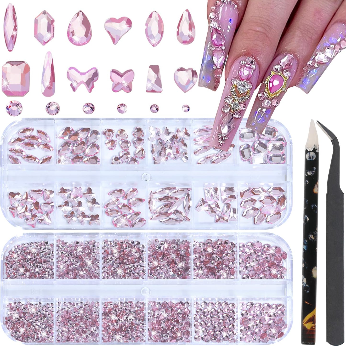 HNUIX Nail Rhinestones - 3D Multi Shape Size Crystal, Light Pink Nail Gems, Flat Back, with Kit, for Nail Art, DIY Decorations-Velvo Beauty