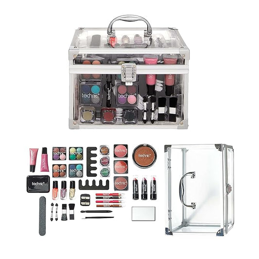 36 Pcs Clear Carry All Full Make Up Kit In a Trunk Train Case Including Makeup Brushes, Eye Shadows, Nail Polish, Blushers, Lipsticks and More-Velvo Beauty