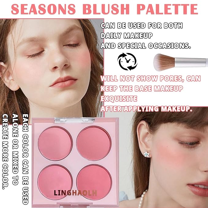 4 Colors Blush Palette for Cheeks,Face Matte Contour Blush Makeup Palette,Buildable Shimmer Facial Cheek Blusher Shades,Blendable Cosmetic Makeup Blush with Blush Brush 01-Velvo Beauty