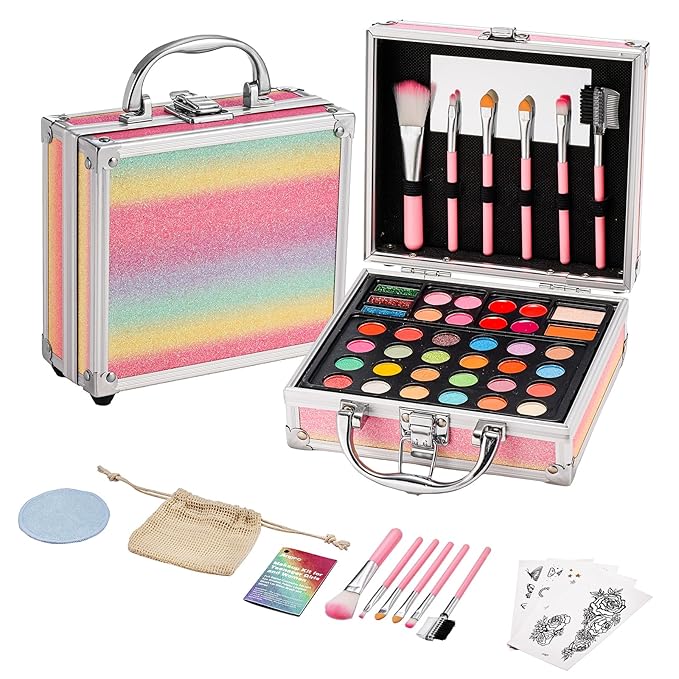 Anpro All-In-One Makeup Carry Case with Pro Teen Makeup Set, Full Starter Cosmetics Kit with Makeup Brushes, Eye Shadows Palette, Blushes, Glitter Gel, Temporary Tattoo Stickers - Colorful-Velvo Beauty