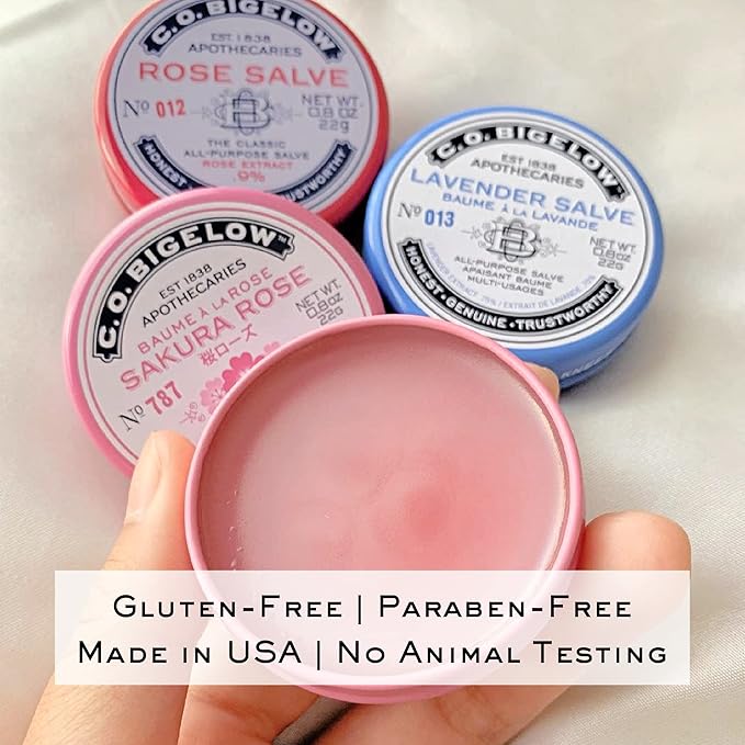C.O. Bigelow All Purpose Salves, Variety Pack of 3 Lip Balm Tins for Chapped Lips & Dry Skin - Classic Rose, Lavender & Sakura Rose Moisturizing Lip and Skin Salves, 0.8 oz each-Velvo Beauty