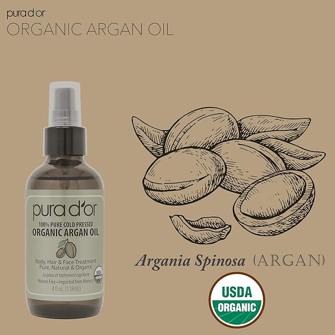 PURA D'OR 4 Oz ORGANIC Moroccan Argan Oil - USDA Certified 100% Pure & Cold Pressed Virgin Premium Grade Natural Moisturizer Treatment For Dry, Damaged Skin, Hair, Face, Body & Scalp - Men & Women-Velvo Beauty
