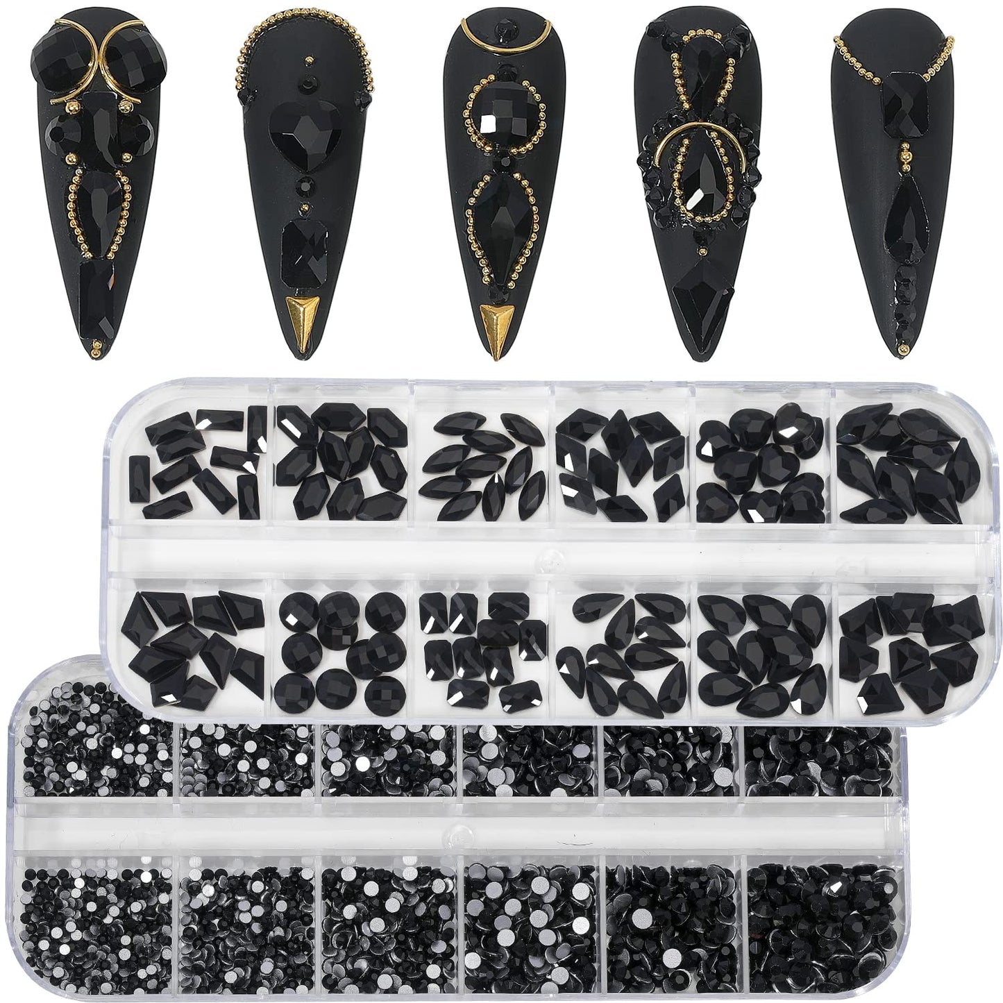 HNUIX Nail Rhinestones - 3D Multi Shape Size Crystal, Black Nail Gems, Flat Back, with Kit, for Nail Art, DIY Decorations-Velvo Beauty