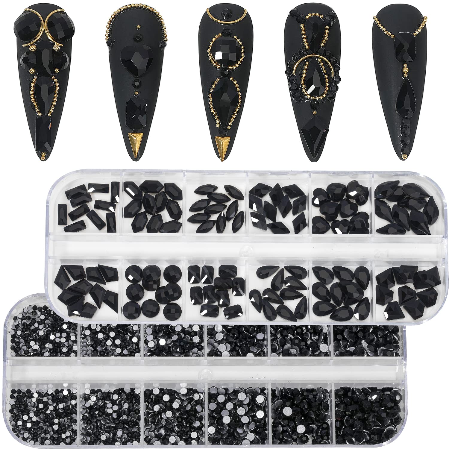 HNUIX Nail Rhinestones - 3D Multi Shape Size Crystal, Black Nail Gems, Flat Back, with Kit, for Nail Art, DIY Decorations-Velvo Beauty