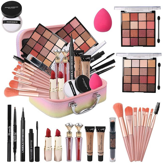 Makeup Kit for Teen Girls,All in One Makeup Kit for 2X16 Colors Eyeshadow Liquid Foundation Eyeliner Pencils Contouring Stick Lip Gloss Eyebrow Pencils 8Pcs Makeup Brushes etc (rainbow)-Velvo Beauty