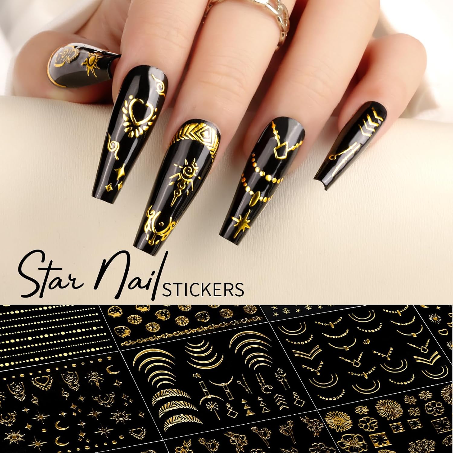 Teenitor 50 Sheets Nail Stickers for Nail Art, Nail Decals Gold Nail Stickers for Kids Women in Fall Winter Halloween Christmas, Nail Decorations-Velvo Beauty