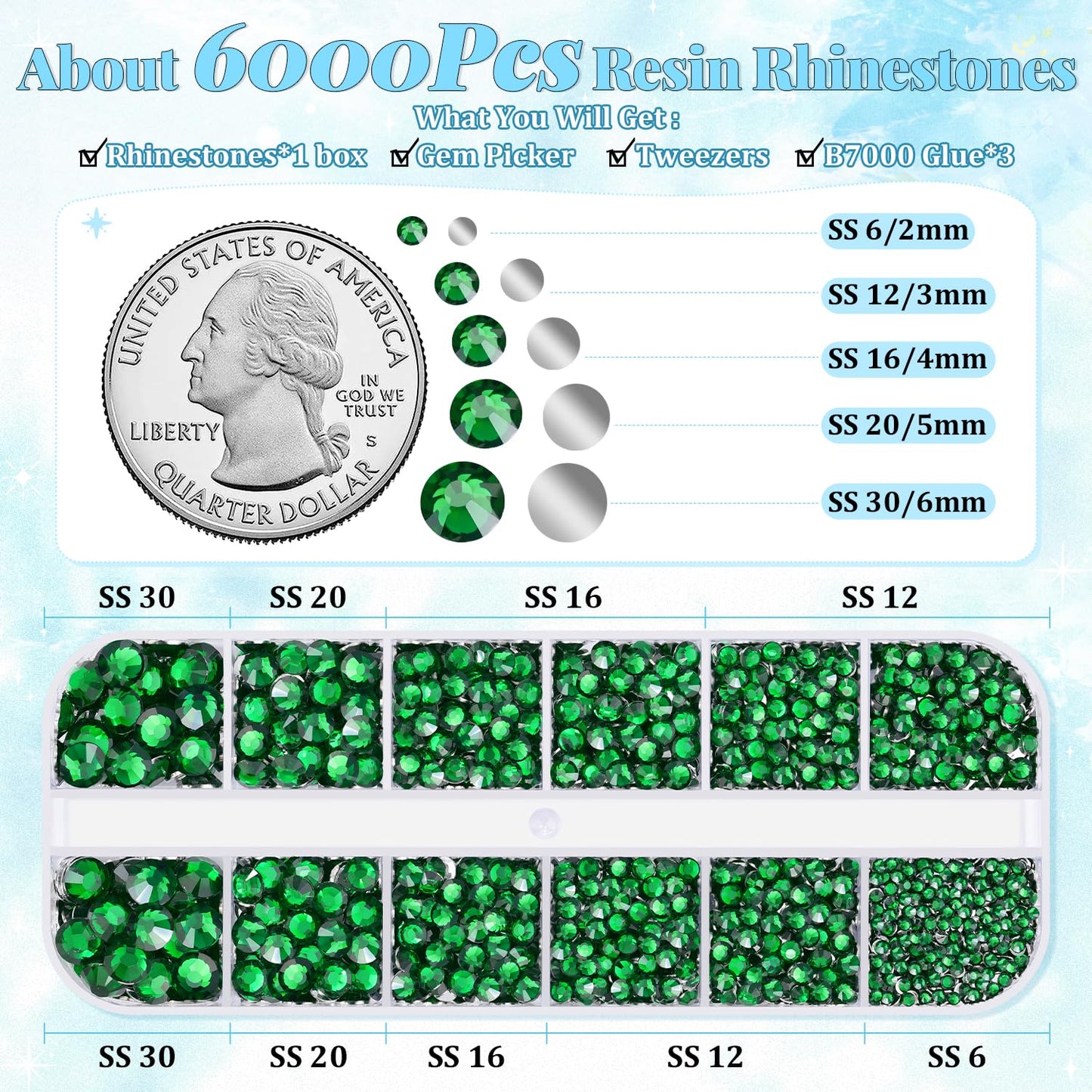 6000Pcs Resin Rhinestones for Bedazzling with 3Pcs B7000 Jewelry Glue, 1 Box Emerald Green Flatback Rhinestones for Crafting Crafts DIY, Crystals Gems for Clothing Shoes Tumblers Nail Art Makeup-Velvo Beauty