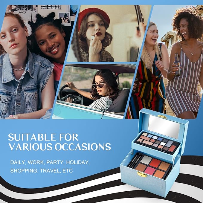 Color Nymph Beginner Makeup Kit For Teens, Girls Makeup kits With Recyclable And Key-Lockable Cabinet Included 17-Colors Eyeshadows Blushes Bronzer Highlighter Lipstick Brushes Mirror(Blue)-Velvo Beauty