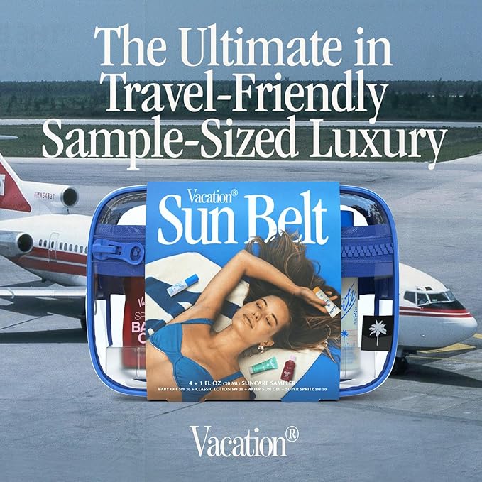 VACATION Sun Belt Sampler Kit, SPF 30-50 Sunscreen Pack, Includes Classic Lotion, Super Spritz Face Mist, Baby Oil, After Sun Gel, Festival Friendly Fanny Pack-Velvo Beauty