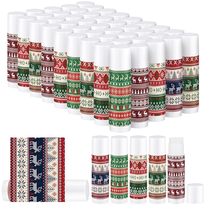 Dunzy 50 Pcs Lip Balm in Bulk Christmas Gift Set Moisturizing Lip Ugly Sweater Baby Shower Party Favor Supplies with Assorted Fruit Flavors for Women Men Dry Chapped Lips Holiday Gift Prize-Velvo Beauty