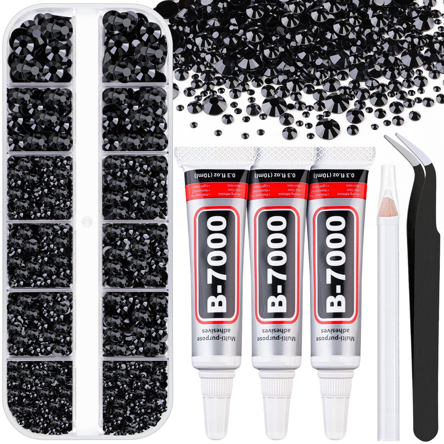 Resin Rhinestones for Bedazzling with B7000 Jewelry Glue, 1 Box Black Flatback Crystals with 3Pcs 10ml Glue for Crafting Crafts，Non Hotfix Gems for Clothing Shoes Nail Art Makeup-Velvo Beauty