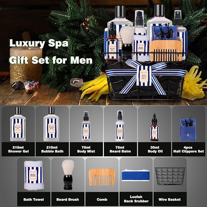 Valentines Day Gifts for Men, Bath and Body Gift Sets for Men with 10 Pcs Cedar & Bergamot Spa Gifts for Men, Bath Sets Includes Shower Gel, Bubble Bath, Body Mist. Perfect Father's Day Gifts for Men-Velvo Beauty
