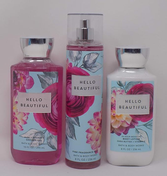 Hello Beautiful (White Gardenia, Jasmine, Magnolia, Pink Nectarine, Cotton Musk) Lot of Three Full Size 1- 10 oz Shower Gel, 1- 8 oz Body Lotion, and 1- 8 oz Fine Fragrance Mist-Velvo Beauty