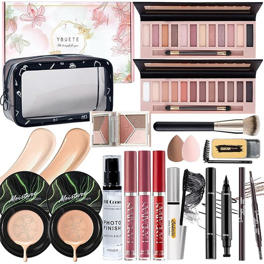 Makeup Set Kit for Women Full Kit, Makeup Present for Women Teen Girl, Eyeshadow CC Cream Face Primer Brush 3 in 1 Palette Lip Gloss, Eyebrow Soap Mascara Eyeliner Makeup bag-Velvo Beauty