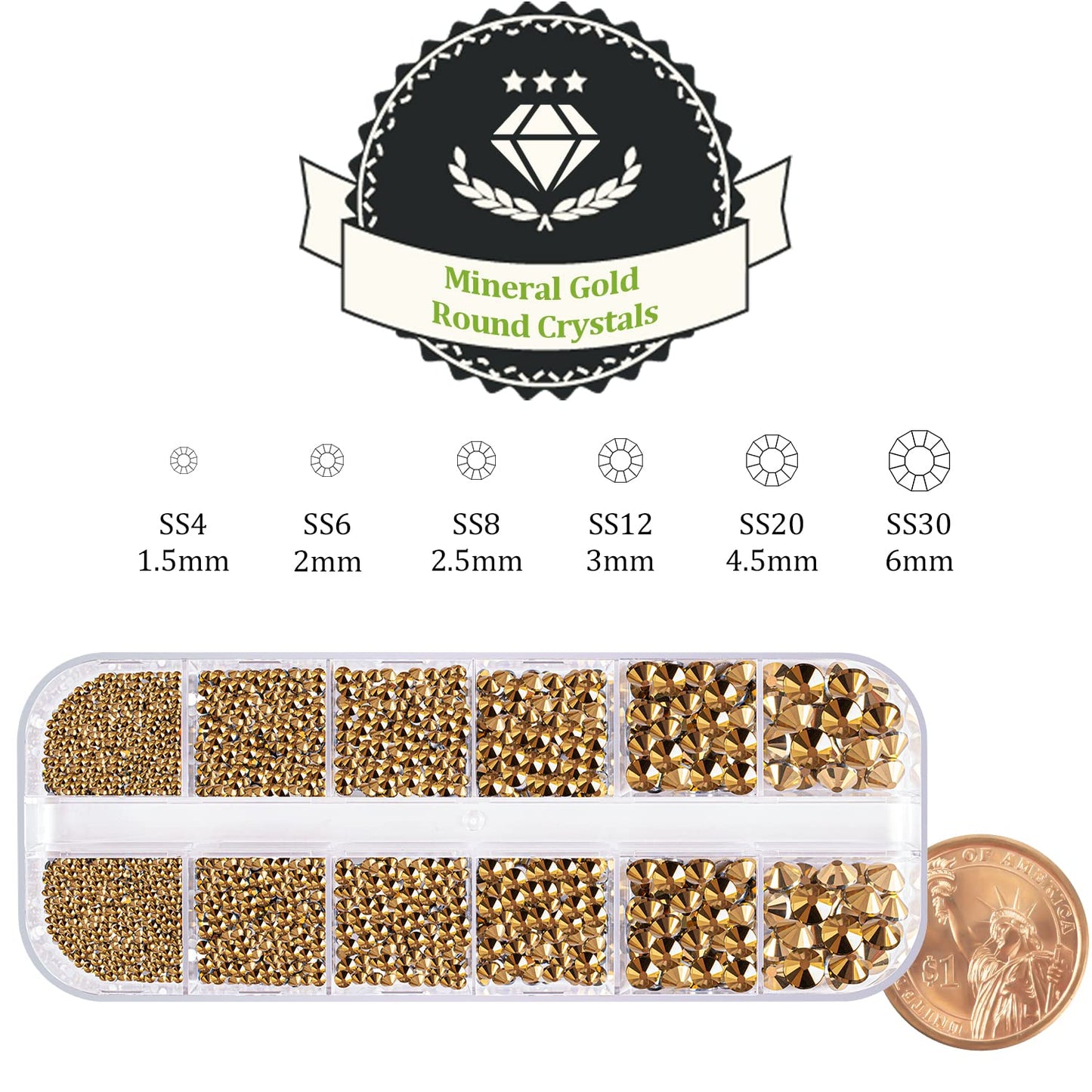 One Pack 2000 Pcs of Flatback Round Mineral Gold Rhinestones 6 Sizes (1.5-6 mm) with Nail Art Rhinestone Picker Pencil and Tweezers for DIY and Salon Use-Velvo Beauty