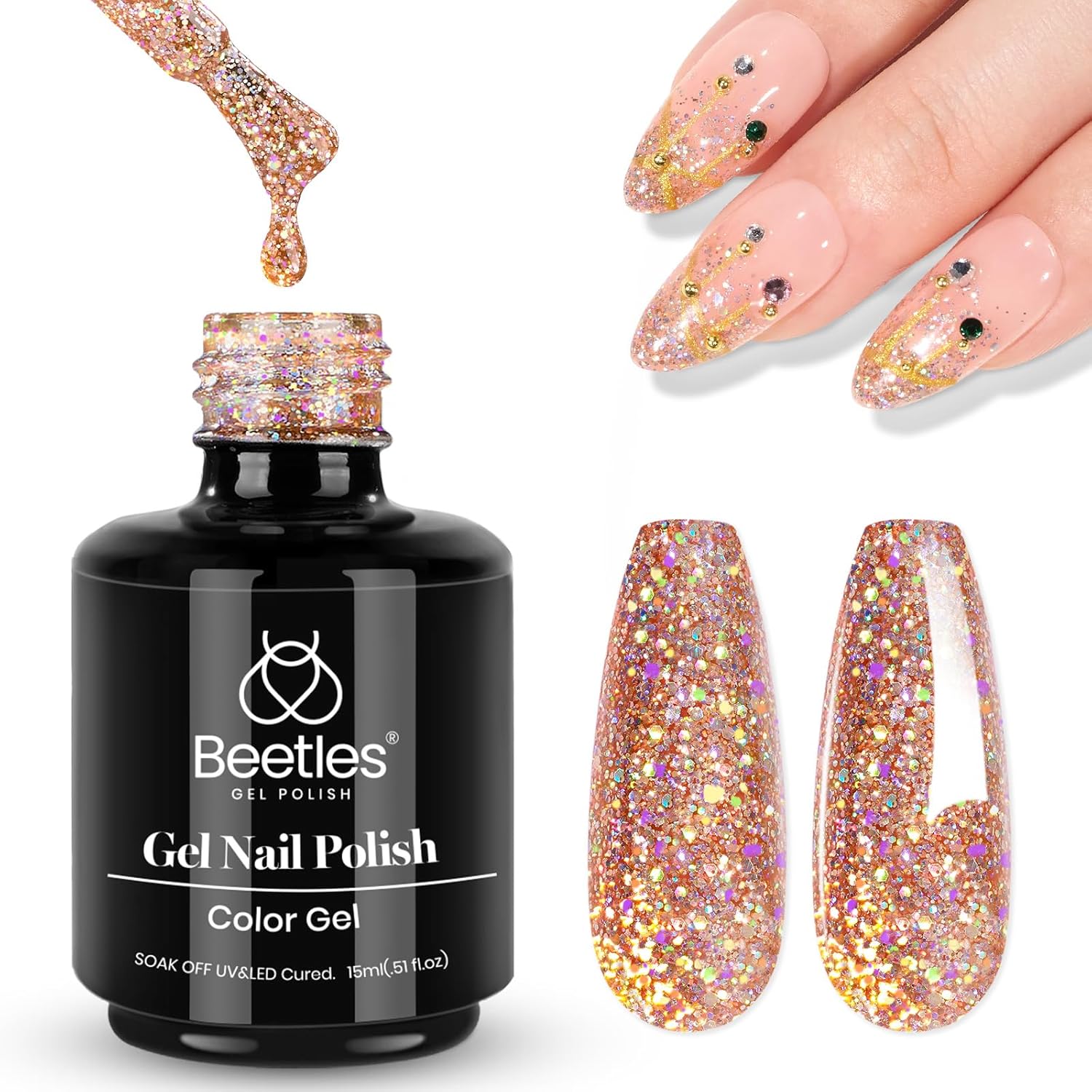Beetles Glitter Gel Nail Polish 15ML Rose Gold Reflective Pink Gel Polish Dazzling Princess Nail Art Design Manicure Salon (1Pcs)-Velvo Beauty